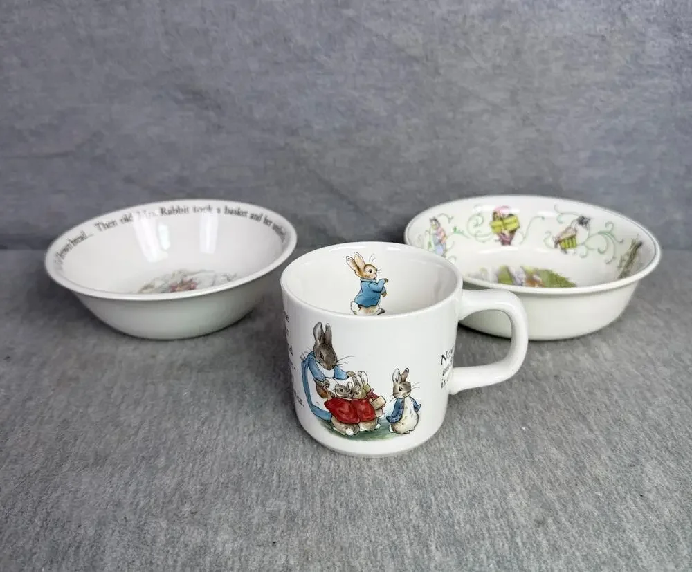 Wedgwood Peter Rabbit 3 Pc Childs Dish Set 2 Bowls Mug Beatrix Potter England